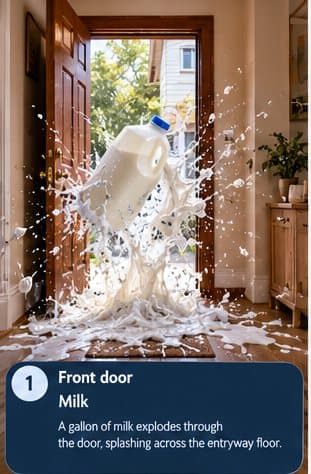 Front door: A gallon of milk explodes through the door, splashing across the entryway floor.