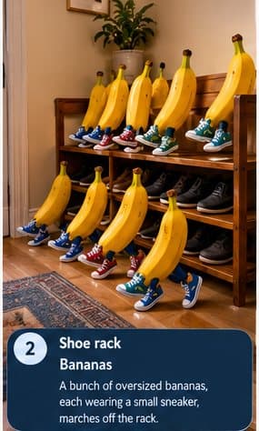 Shoe rack: A bunch of oversized bananas, each wearing a small sneaker, marches off the rack.