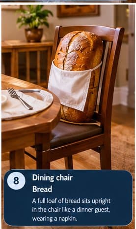 Dining chair: A full loaf of bread sits upright in the chair like a dinner guest, wearing a napkin.